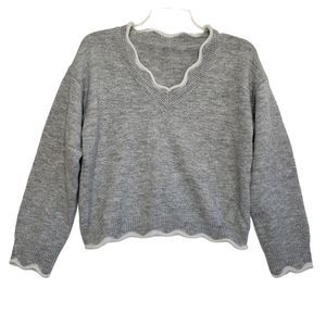 Women's V-Neck Sweater, Grey with White Wavy Design at Neck, Hem, Wrists, Medium
